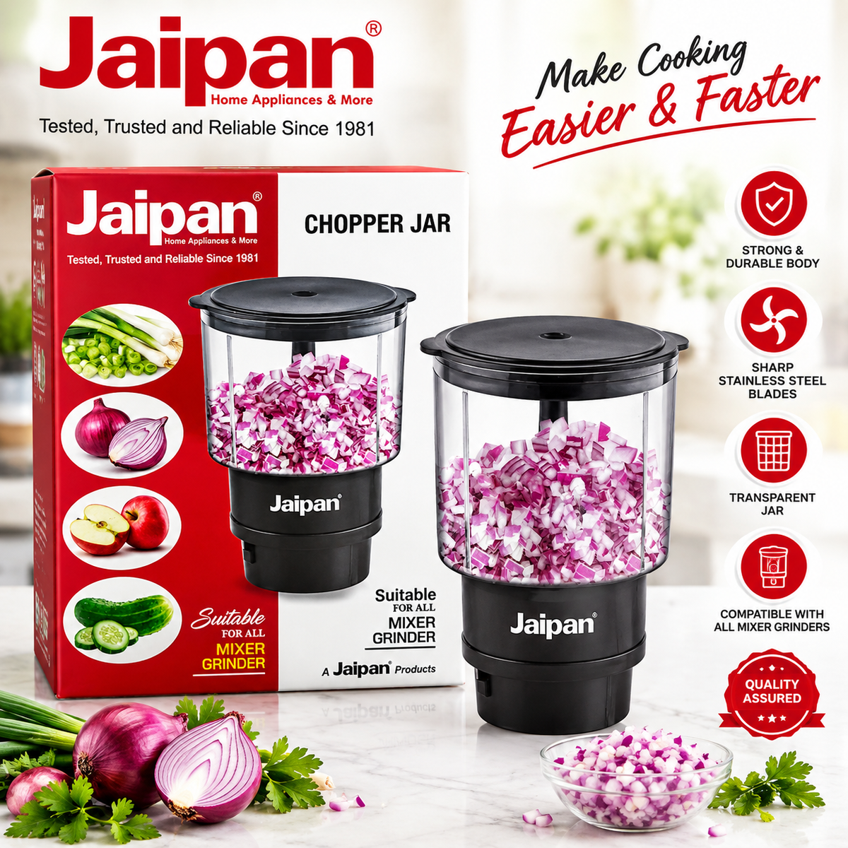 Jaipan Chopper Jar 750ml | Manual Vegetable Chopper Attachment for Mixer Grinder | Stainless Steel Blade