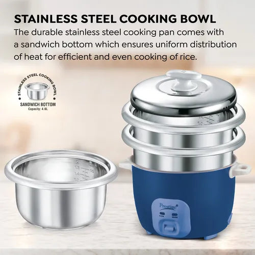 Prestige Cute 1.8-2 SS Electric Rice Cooker | 1.8L | 700W | Tri-Ply Stainless Steel Cooking Bowl | 2 Cooking Pans | Keep Warm Mode | Navy Blue | 1 Year Warranty | 5 Years HEATING PLATE WARRANTY