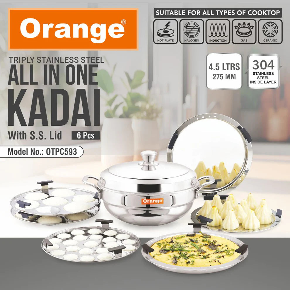 ORANGE TRIPLY STAINLESS STEEL ALL-IN-ONE IDLI KADAI WITH SS LID, 4.5L, INDUCTION COMPATIBLE, 6-PIECE SET (IDLI, MINI IDLI, DHOKLA/MOMO & STEAMER PLATES)