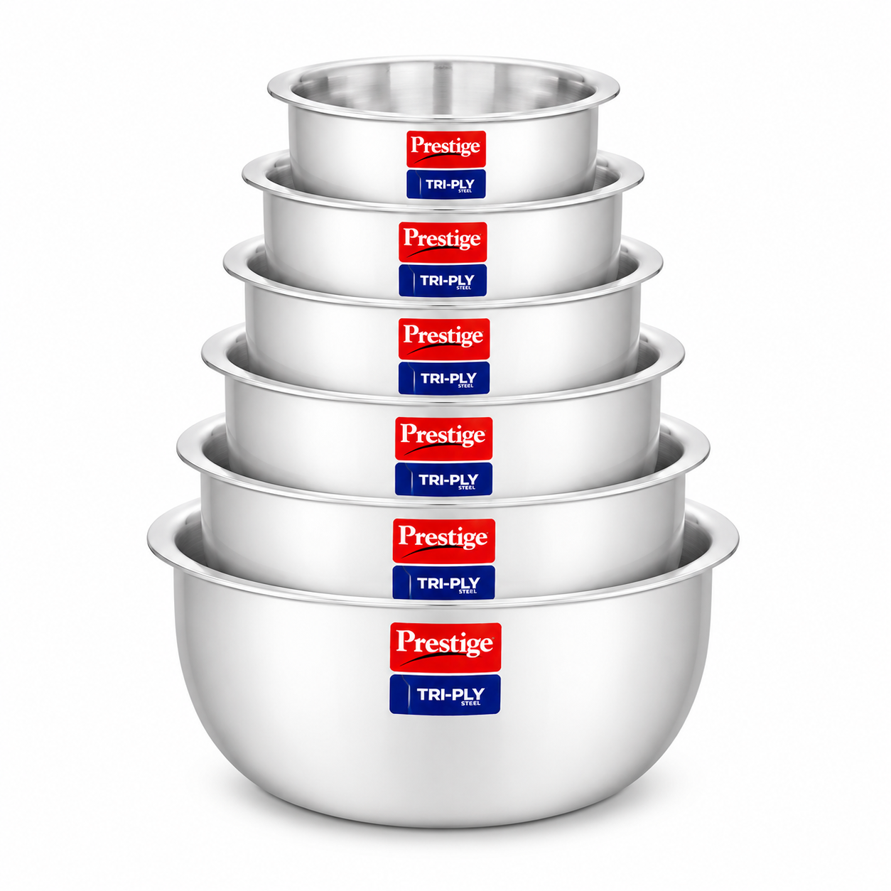 Prestige Tri-Ply Tope Set of 6 (12, 14, 16, 18, 20 & 22 cm) — 304 Food-Grade Stainless Steel, Even Heat Distribution, Rust-Proof | Gas & Induction Compatible | Patila / Bhagona Set
