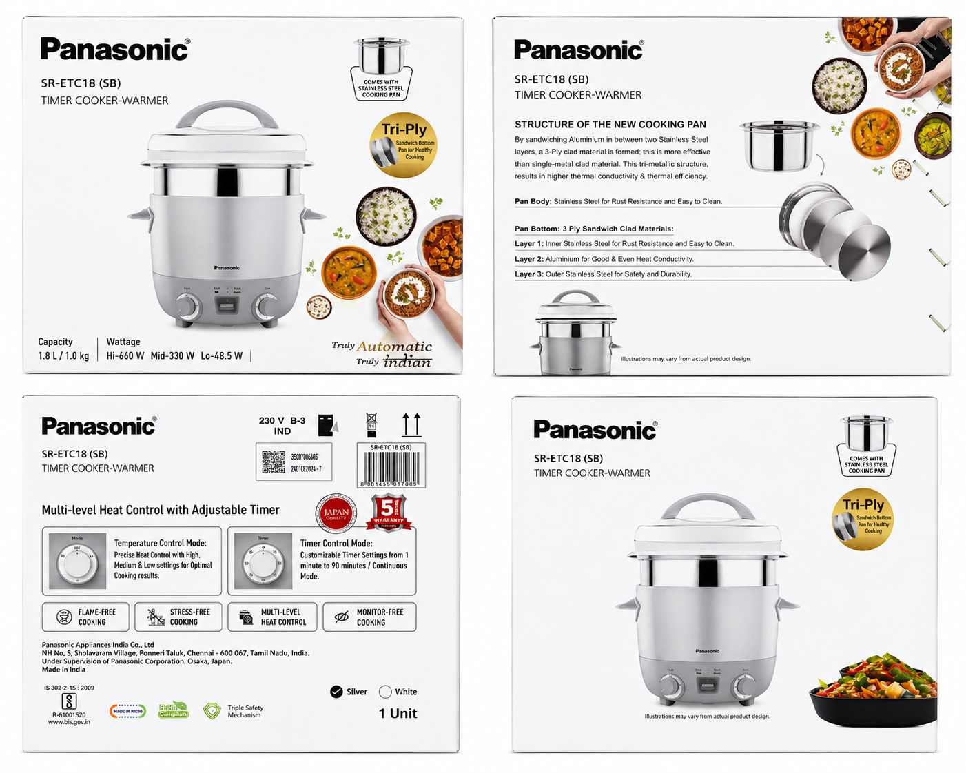 Panasonic SR-ETC18 (SB) Timer Cooker-Warmer 1.8L | Tri-Ply Stainless Steel Cooking Pan | Multi-Level Heat Control | Adjustable Timer 90 Min | Flame-Free Cooking | Silver | 5 Year Heating Plate Warranty