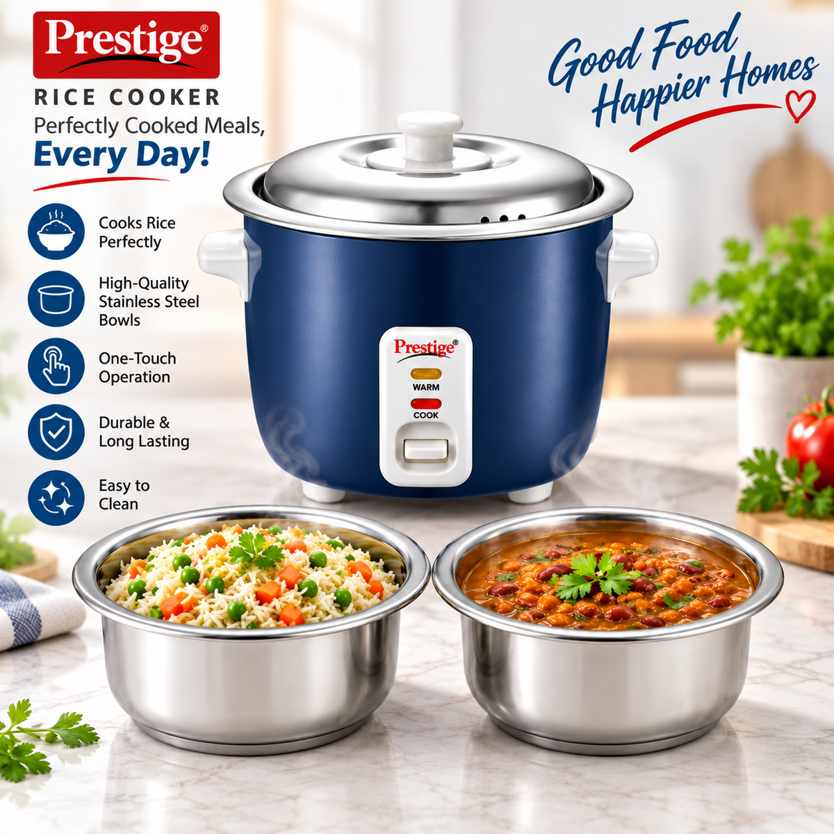 Prestige Cute 0.6-2 SS 300W Electric Rice Cooker with 2 Stainless Steel Cooking Pans, Automatic Keep Warm & Detachable Power Cord ā Dark Blue