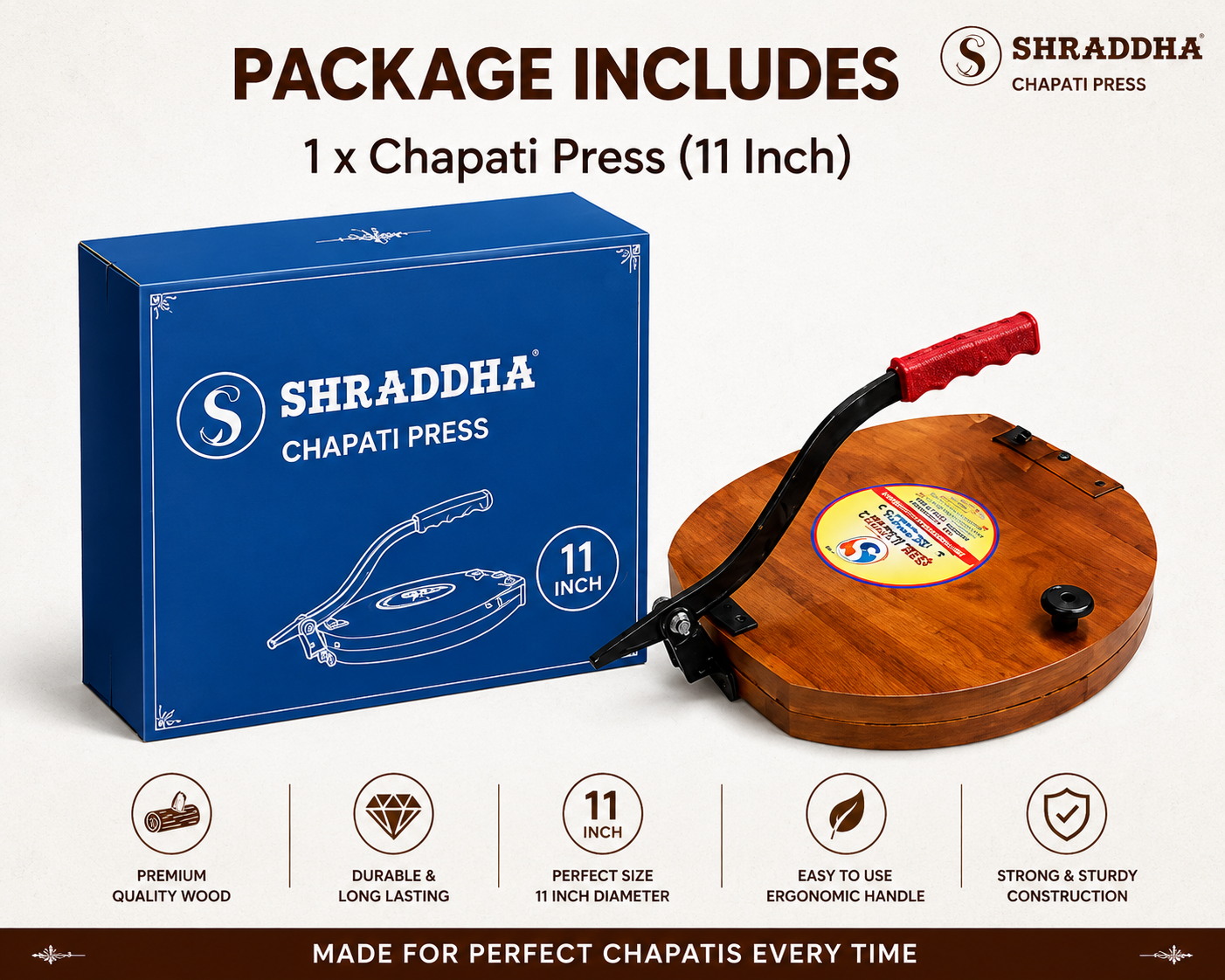 Shraddha Chapati Press 11 Inch – Premium Wood | Makes Uniform Round Chapati, Roti, Puri, Paratha & Papad | Ergonomic Grip Handle | Easy to Use