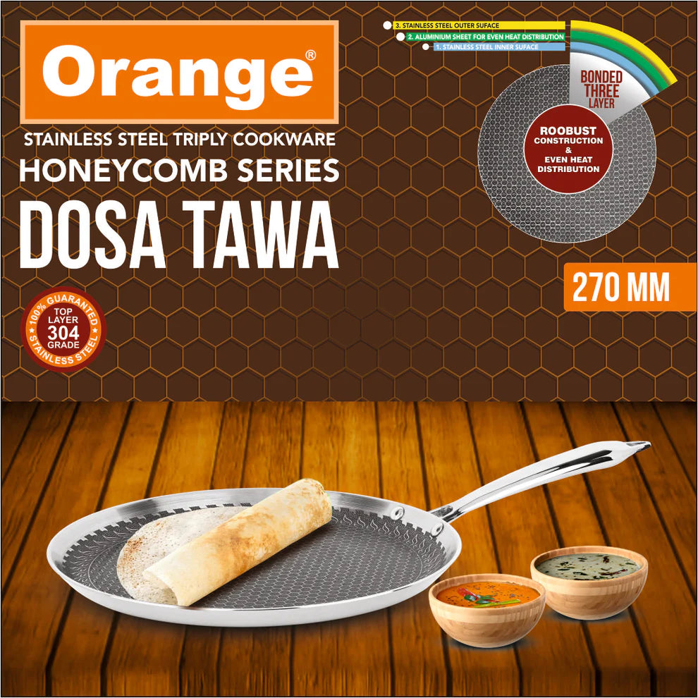 Orange Triply 290 MM Stainless Steel Honeycomb Dosa/Uttapa Tawa| Induction Frinedly | Cool Touch Riveted Handle | 2.5mm Thickness