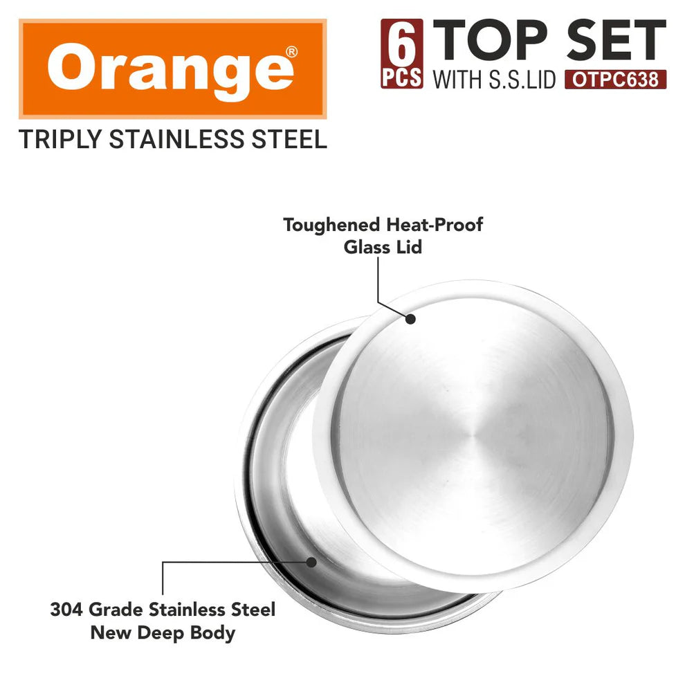 Orange Triply Stainless Steel Tope Set of 6 with Lids | Multipurpose Cookware for Milk, Dal, Rice & Boiling | 2.5mm Heavy Base | Induction & Gas Friendly