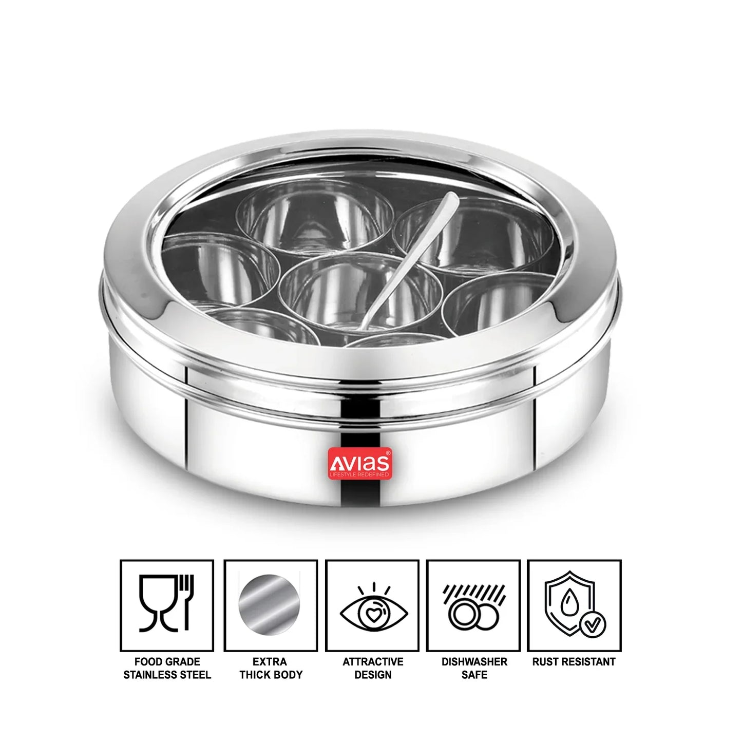 Avias Elegant Stainless Steel Spice Box | Masala Dabba | 7 Compartments | See-Through Lid
