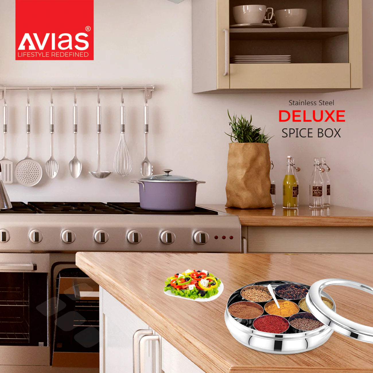 Avias Deluxe Stainless Steel Spice Box | Masala Dabba | 7 Compartments Medium | See-Through Lid
