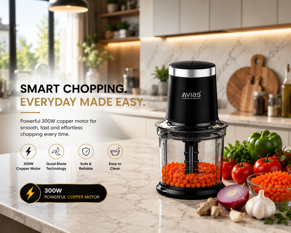 Avias Avismart Electric Vegetable Chopper — 300W Copper Motor, 2 Speed Modes, 900ml Bowl, 4 Stainless Steel Blades | Chops in 10 Seconds | 2-Year Warranty