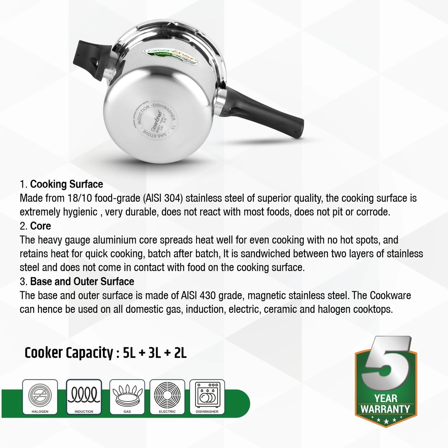 Greenchef Fusion Tri-Ply Pressure Cooker Combo 5 L, 3 L, 2 L Induction Bottom Pressure Cooker & Pressure Pan