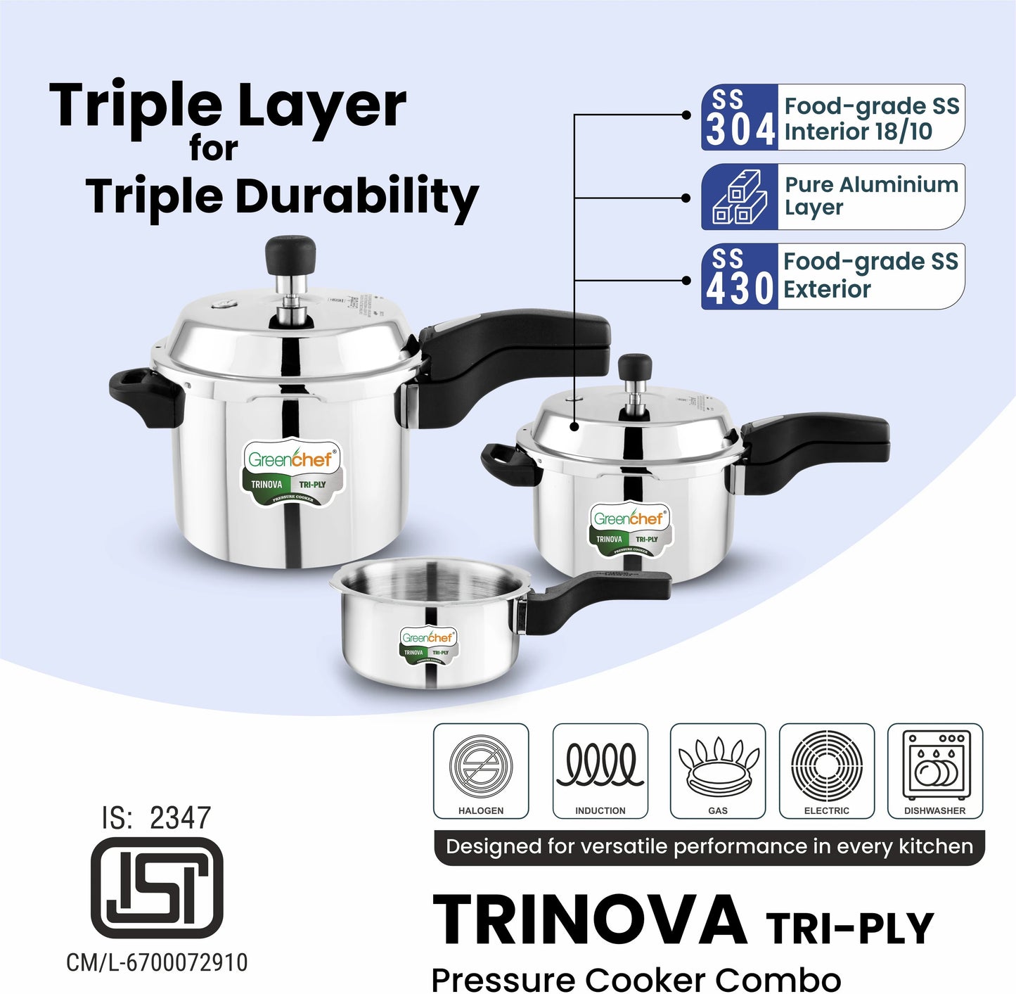 Greenchef Trinova Tri-Ply Stainless Steel Pressure Cooker Combo — 5L + 3L + 2L | Outer Lid | Induction & Gas Compatible | 5 Year Warranty