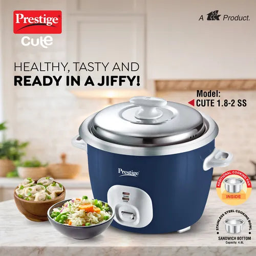 Prestige Cute 1.8-2 SS Electric Rice Cooker | 1.8L | 700W | Tri-Ply Stainless Steel Cooking Bowl | 2 Cooking Pans | Keep Warm Mode | Navy Blue | 1 Year Warranty | 5 Years HEATING PLATE  WARRANTY