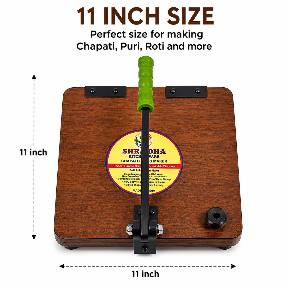 Square Shraddha Chapati Press 11 Inch – Premium Wood | Makes Uniform Round Chapati, Roti, Puri, Paratha & Papad | Ergonomic Grip Handle | Easy to Use
