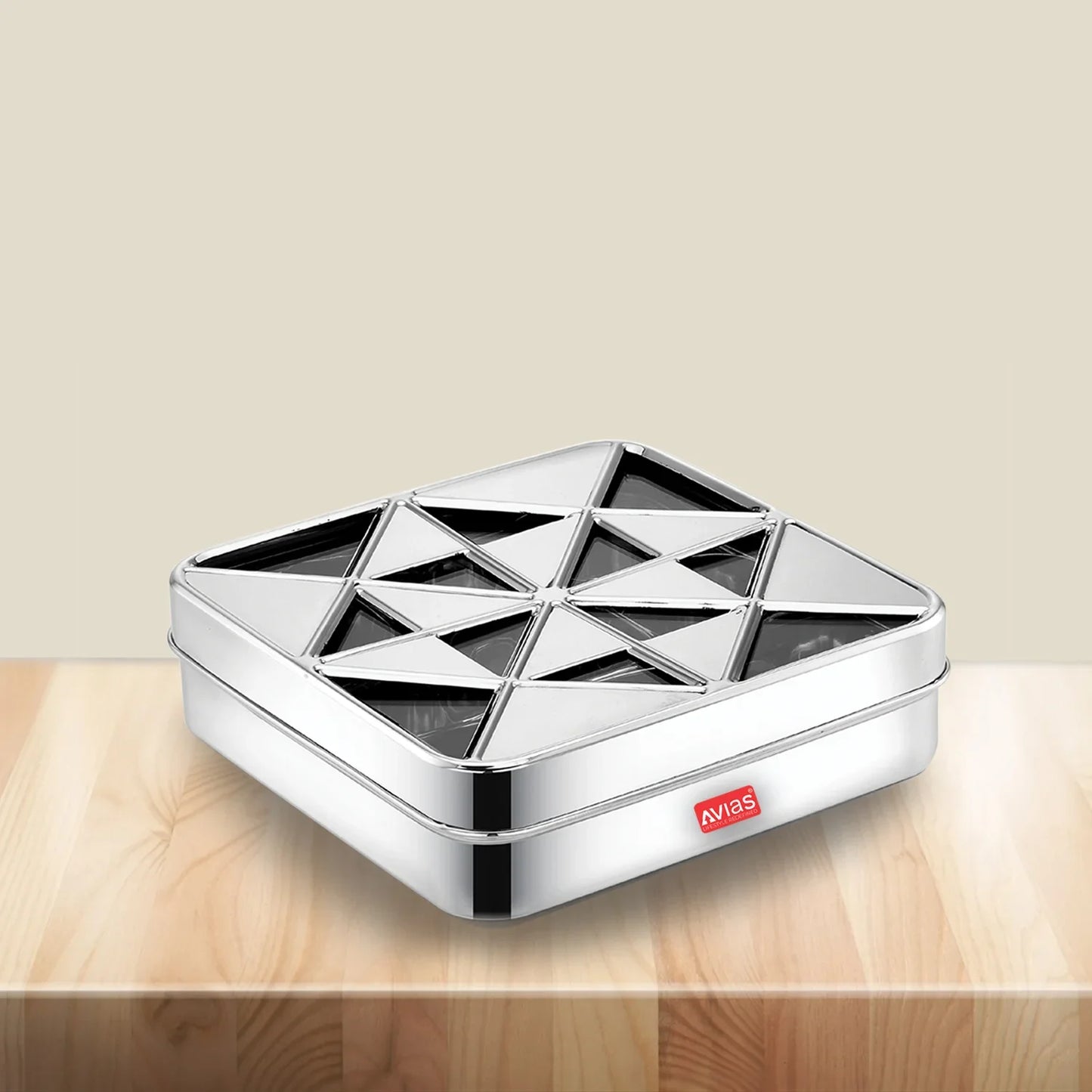 Avias Trios 9-Square Stainless Steel Spice Box | Masala Dabba | See-Through Lid