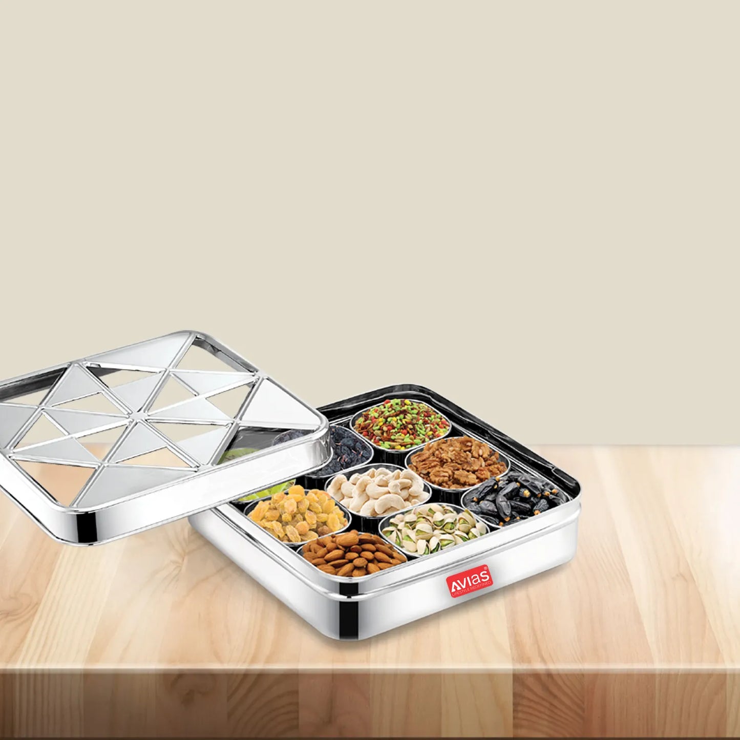 Avias Trios 9-Square Stainless Steel Spice Box | Masala Dabba | See-Through Lid