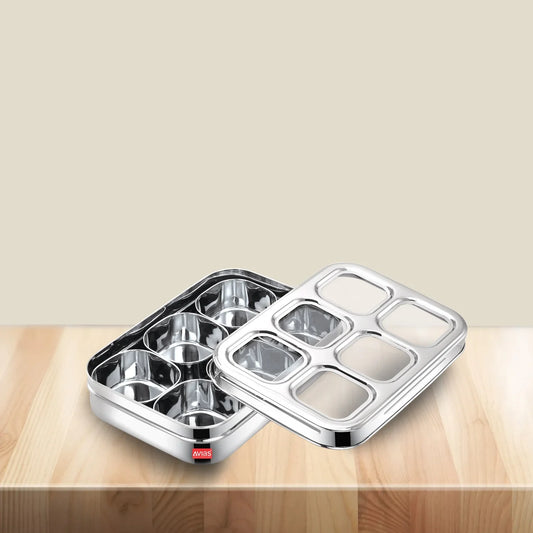 Avias 6-Square Stainless Steel Spice Box | Masala Dabba | Dry Fruit Box | See-Through Lid