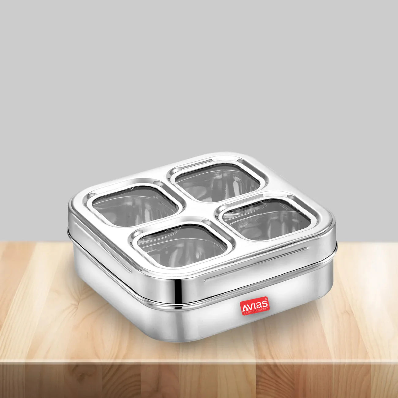 Avias 4-Square Stainless Steel Spice Box | Masala Dabba | Dry Fruit Box | See-Through Lid