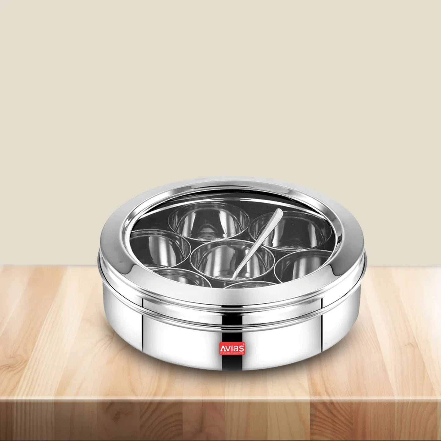Avias Elegant Stainless Steel Spice Box | Masala Dabba | 7 Compartments | See-Through Lid