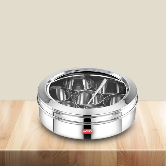 Avias Elegant Stainless Steel Spice Box | Masala Dabba | 7 Compartments | See-Through Lid