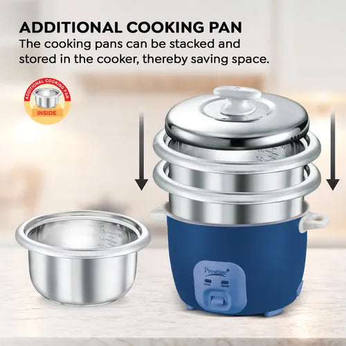 Prestige Cute 1.8-2 SS Electric Rice Cooker | 1.8L | 700W | Tri-Ply Stainless Steel Cooking Bowl | 2 Cooking Pans | Keep Warm Mode | Navy Blue | 1 Year Warranty | 5 Years HEATING PLATE  WARRANTY