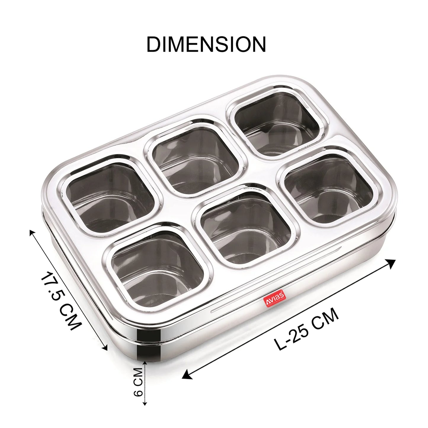 Avias 6-Square Stainless Steel Spice Box | Masala Dabba | Dry Fruit Box | See-Through Lid