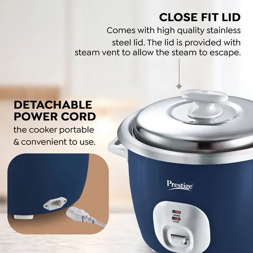 Prestige Cute 1.8-2 SS Electric Rice Cooker | 1.8L | 700W | Tri-Ply Stainless Steel Cooking Bowl | 2 Cooking Pans | Keep Warm Mode | Navy Blue | 1 Year Warranty | 5 Years HEATING PLATE  WARRANTY