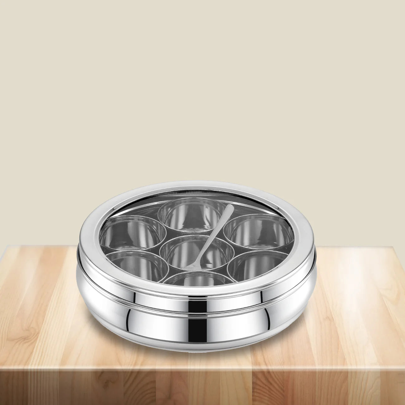 Avias Deluxe Stainless Steel Spice Box | Masala Dabba | 7 Compartments Medium | See-Through Lid