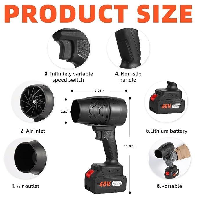 48V Cordless Air Blower for Car & Home Cleaning | Rechargeable Electric Dust Cleaner with Battery & Charger | High Power Portable Blower for Electronics Cleaning & Outdoor Use