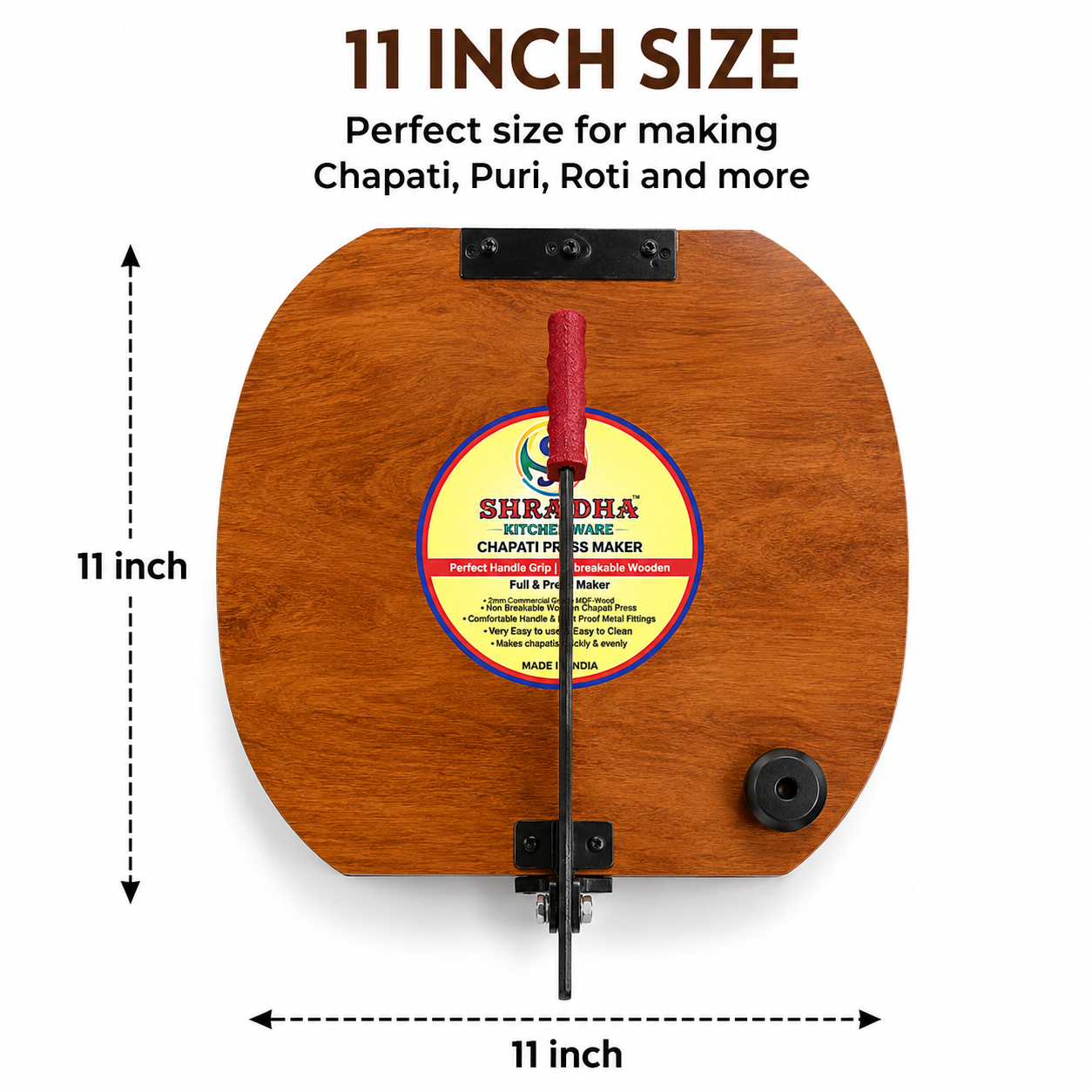 Shraddha Chapati Press 11 Inch – Premium Wood | Makes Uniform Round Chapati, Roti, Puri, Paratha & Papad | Ergonomic Grip Handle | Easy to Use