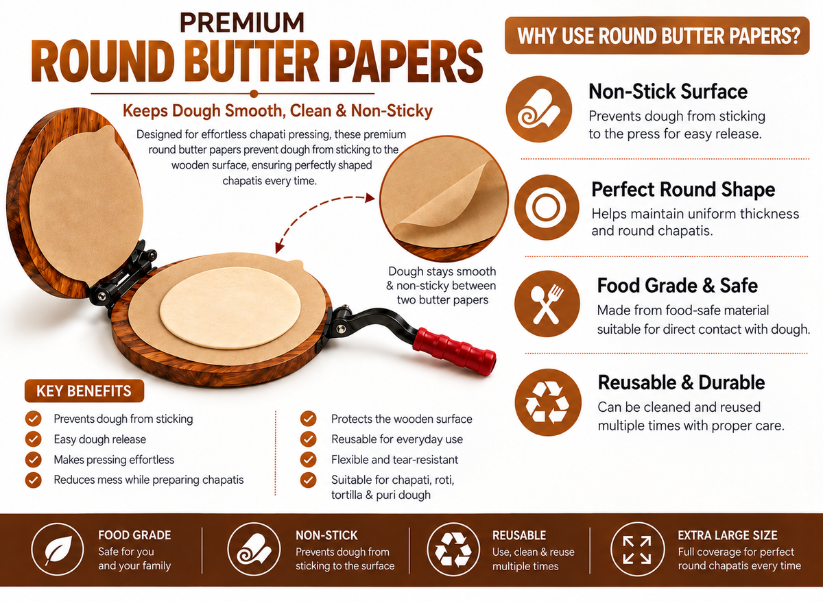 Round Butter Paper Sheets ([2] Sheets, [30 * 30] cm) – Non-Stick Parchment Paper for Roti Maker |Obbattu | Puran Poli | Food Grade | Grease-Proof | for Baking | Cooking