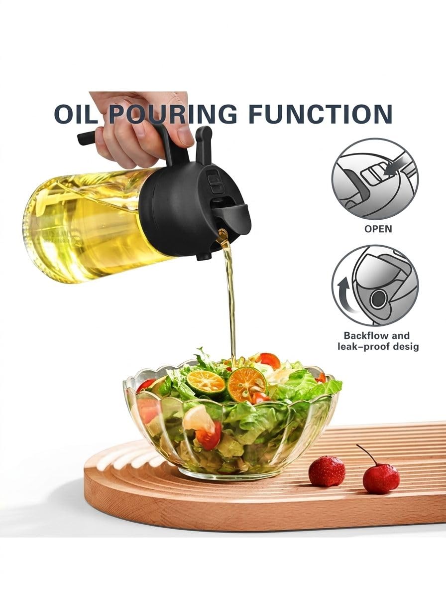 2 in 1 Oil Sprayer & Dispenser Bottle | Leakproof Glass Oil Spray Bottle for Cooking | Olive Oil Sprayer for Kitchen, BBQ, Air Fryer (Transparent, 500ml approx)
