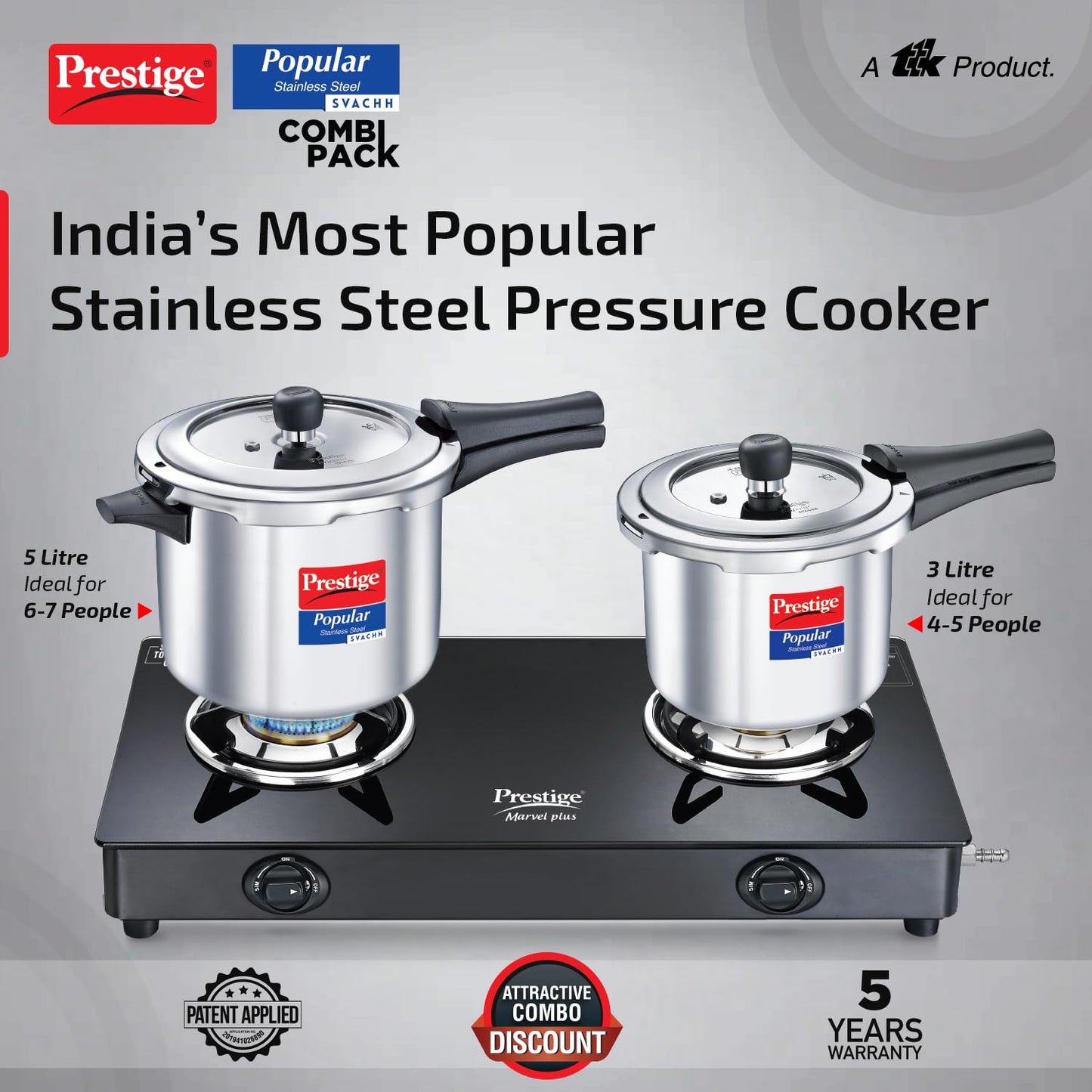 Prestige Popular Svachh Stainless Steel Pressure Cooker Combi Pack (5 + 3 Litres)|Induction and Gas Stove Compatible