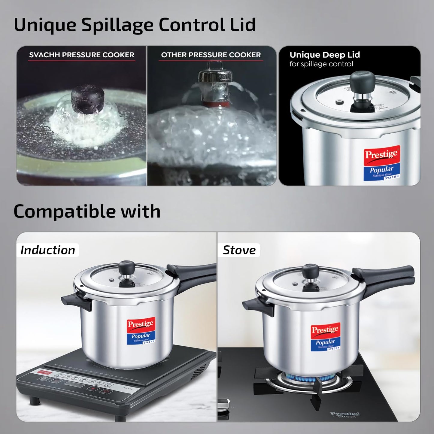 Prestige Popular Svachh Stainless Steel Pressure Cooker Combi Pack (5 + 3 Litres)|Induction and Gas Stove Compatible