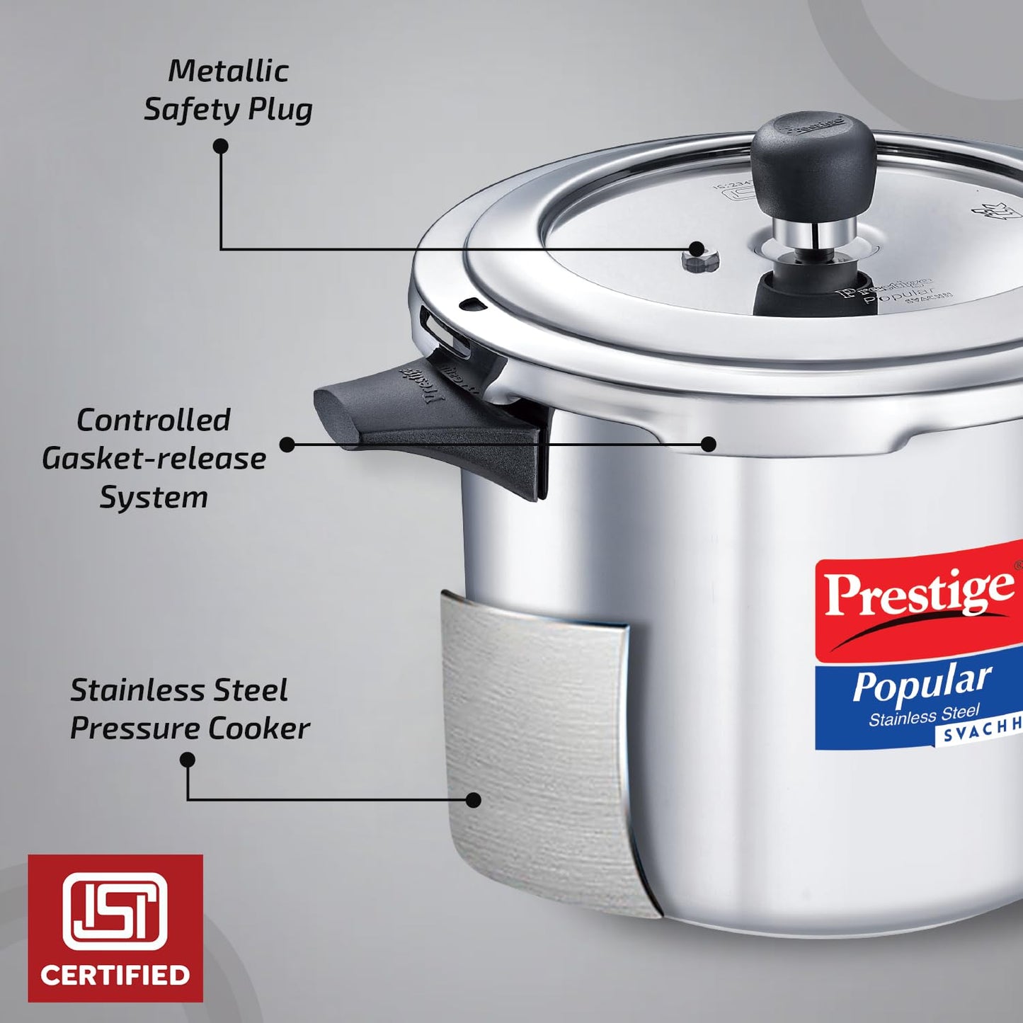 Prestige Popular Svachh Stainless Steel Pressure Cooker Combi Pack (5 + 3 Litres)|Induction and Gas Stove Compatible