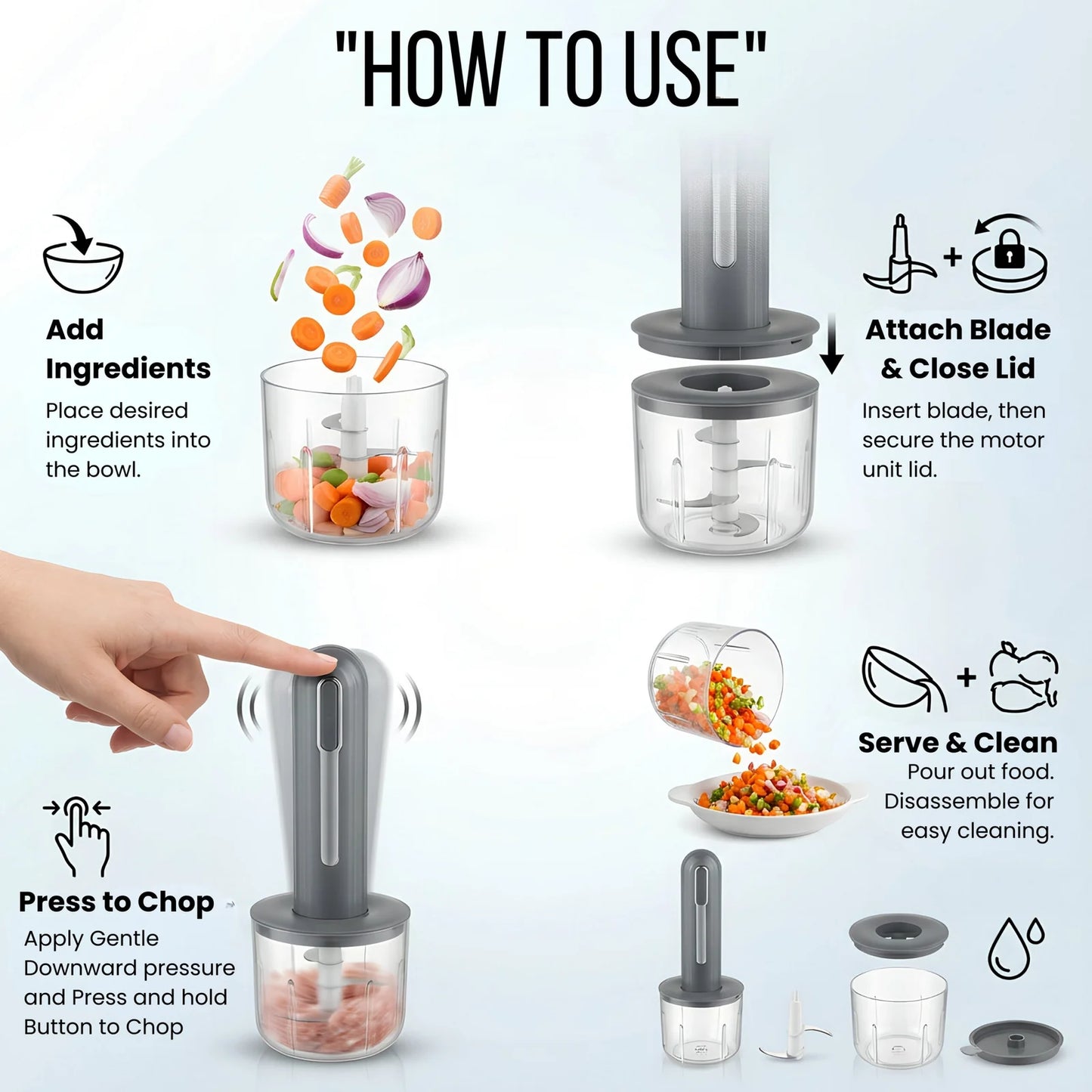 Goodscity Portable Food Chopper with Dual Bowls, Compact Kitchen Processor| Food Prep Tool for Baby, Kitchen, Travelling| 1300mAh Strong Battery| 2 Bowls 400ml, 200ml| USB Rechargeable | Grey| GC261