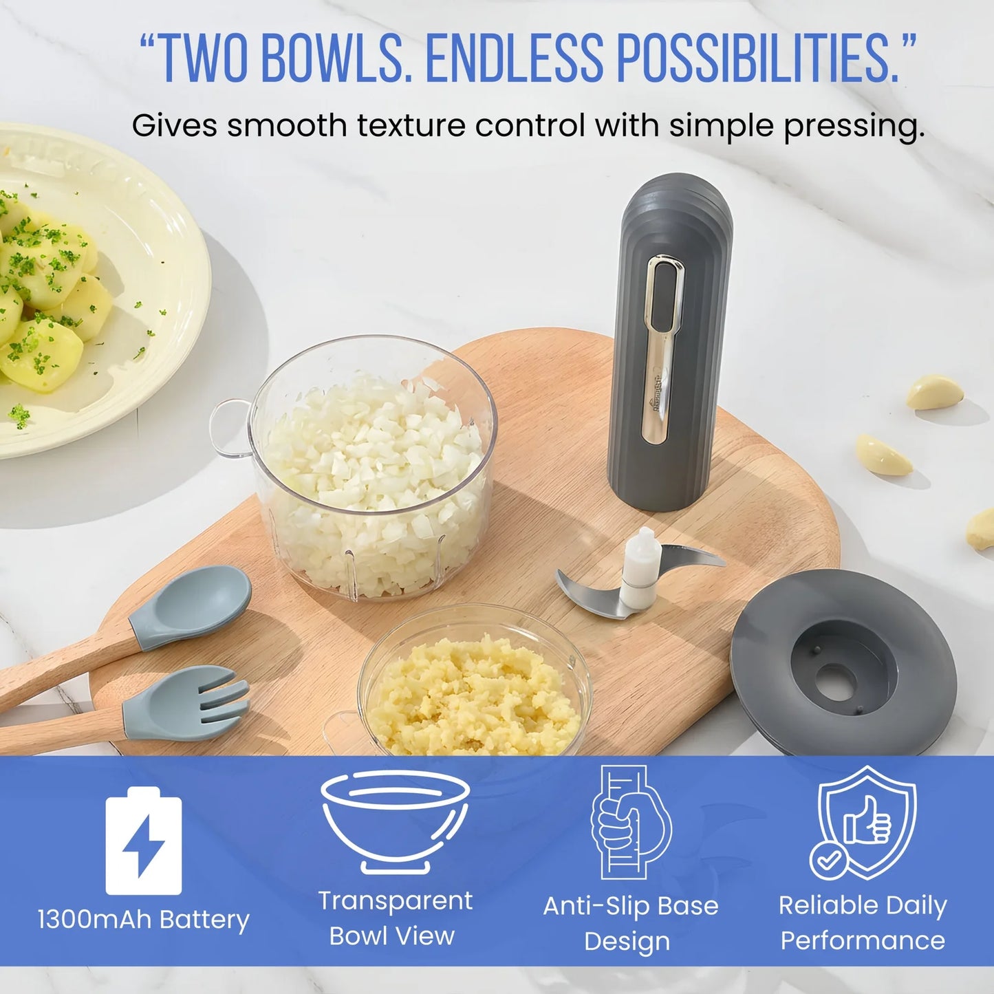 Goodscity Portable Food Chopper with Dual Bowls, Compact Kitchen Processor| Food Prep Tool for Baby, Kitchen, Travelling| 1300mAh Strong Battery| 2 Bowls 400ml, 200ml| USB Rechargeable | Grey| GC261