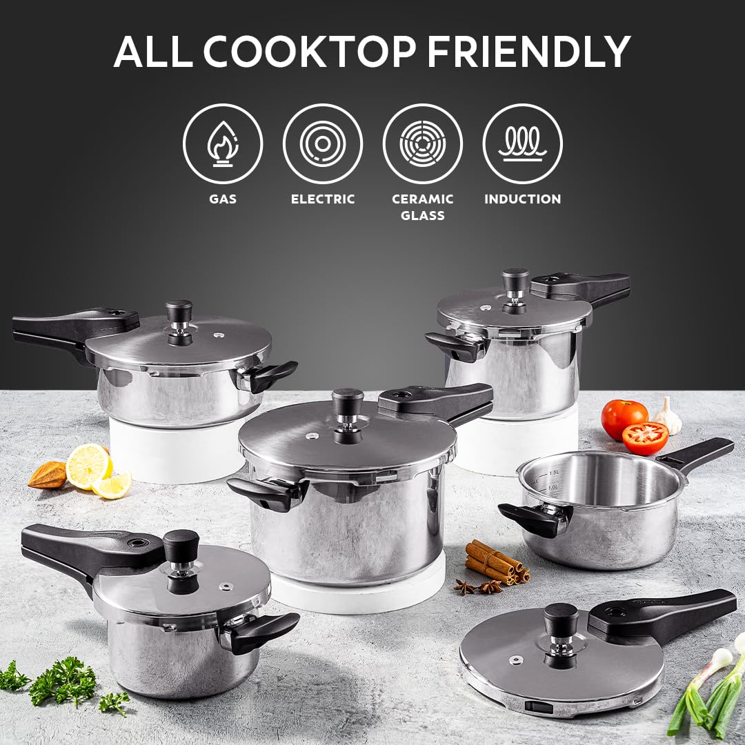 Tramontina Aero Arc 3L Tri-Ply Stainless Steel Pressure Cooker | Food Grade SS 304 | 3-Layer Safety System | Easy-Close 2-Finger Lid | Gas, Induction & Electric Compatible | Inner Level Markings |