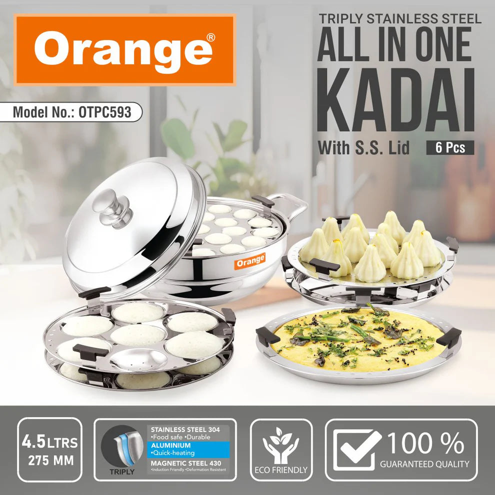 ORANGE TRIPLY STAINLESS STEEL ALL-IN-ONE IDLI KADAI WITH SS LID, 4.5L, INDUCTION COMPATIBLE, 6-PIECE SET (IDLI, MINI IDLI, DHOKLA/MOMO & STEAMER PLATES)