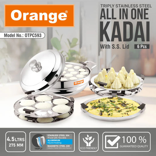 ORANGE TRIPLY STAINLESS STEEL ALL-IN-ONE IDLI KADAI WITH SS LID, 4.5L, INDUCTION COMPATIBLE, 6-PIECE SET (IDLI, MINI IDLI, DHOKLA/MOMO & STEAMER PLATES)