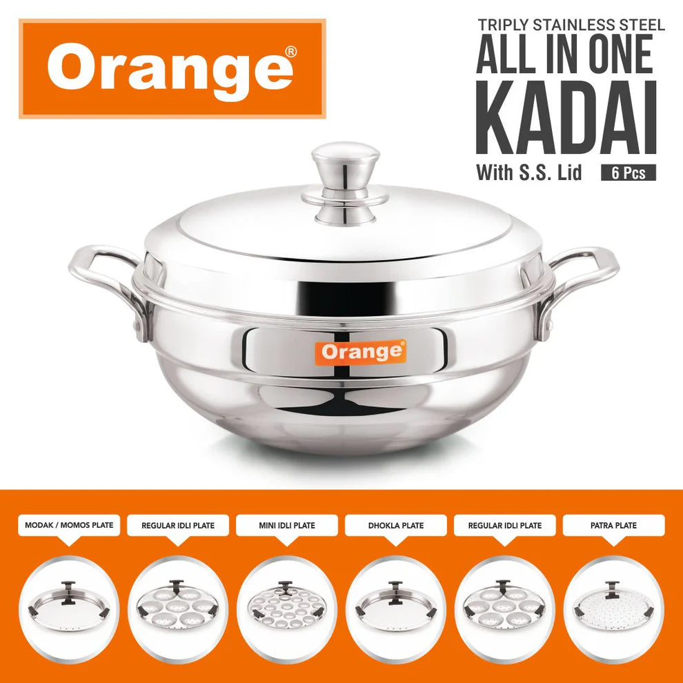 ORANGE TRIPLY STAINLESS STEEL ALL-IN-ONE IDLI KADAI WITH SS LID, 4.5L, INDUCTION COMPATIBLE, 6-PIECE SET (IDLI, MINI IDLI, DHOKLA/MOMO & STEAMER PLATES)