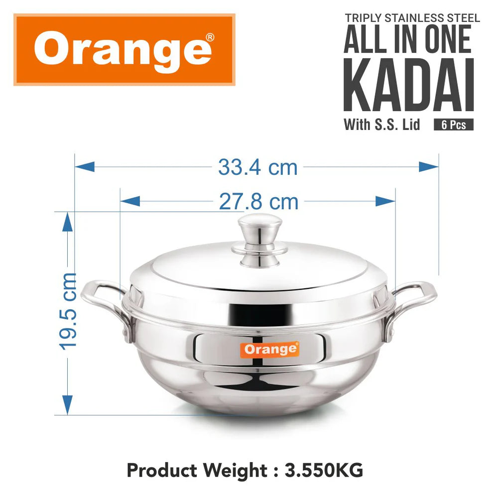 ORANGE TRIPLY STAINLESS STEEL ALL-IN-ONE IDLI KADAI WITH SS LID, 4.5L, INDUCTION COMPATIBLE, 6-PIECE SET (IDLI, MINI IDLI, DHOKLA/MOMO & STEAMER PLATES)