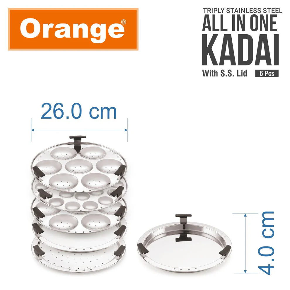 ORANGE TRIPLY STAINLESS STEEL ALL-IN-ONE IDLI KADAI WITH SS LID, 4.5L, INDUCTION COMPATIBLE, 6-PIECE SET (IDLI, MINI IDLI, DHOKLA/MOMO & STEAMER PLATES)