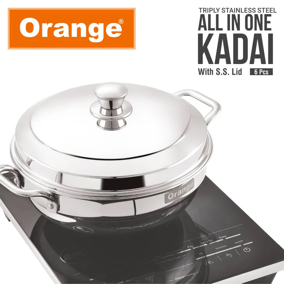 ORANGE TRIPLY STAINLESS STEEL ALL-IN-ONE IDLI KADAI WITH SS LID, 4.5L, INDUCTION COMPATIBLE, 6-PIECE SET (IDLI, MINI IDLI, DHOKLA/MOMO & STEAMER PLATES)