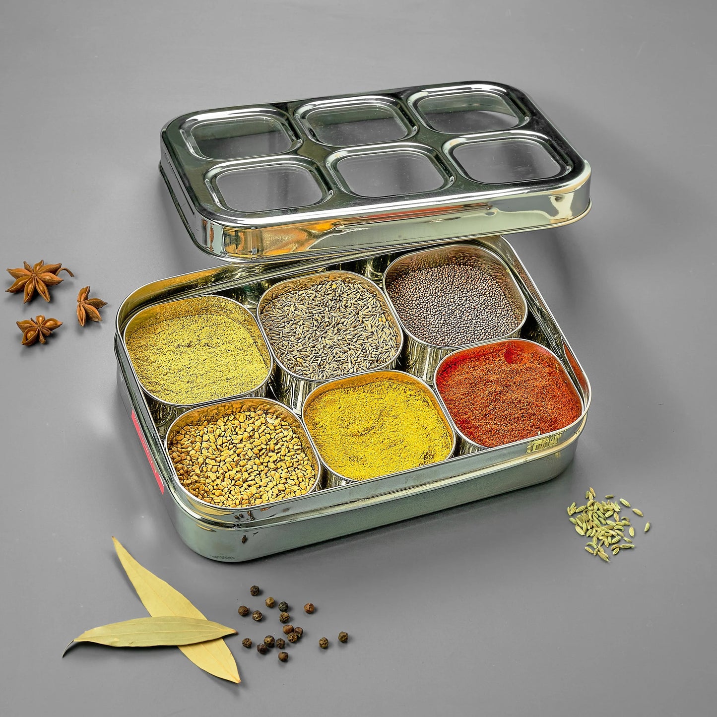 Avias 6-Square Stainless Steel Spice Box | Masala Dabba | Dry Fruit Box | See-Through Lid