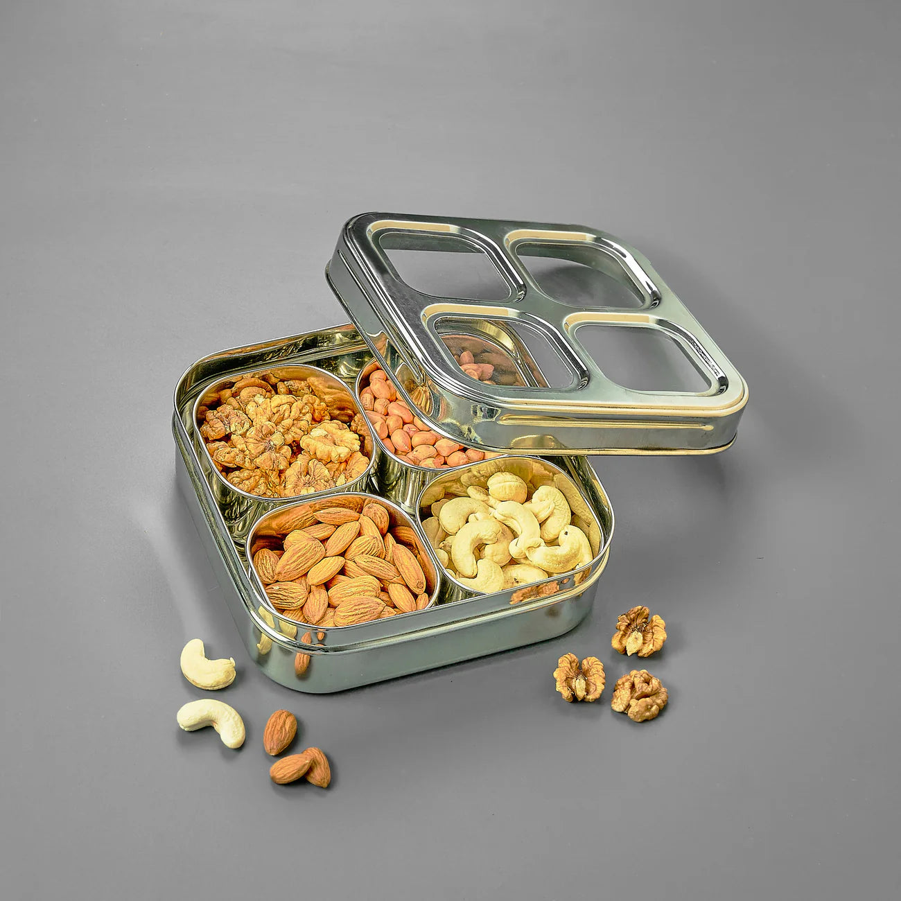 Avias 4-Square Stainless Steel Spice Box | Masala Dabba | Dry Fruit Box | See-Through Lid