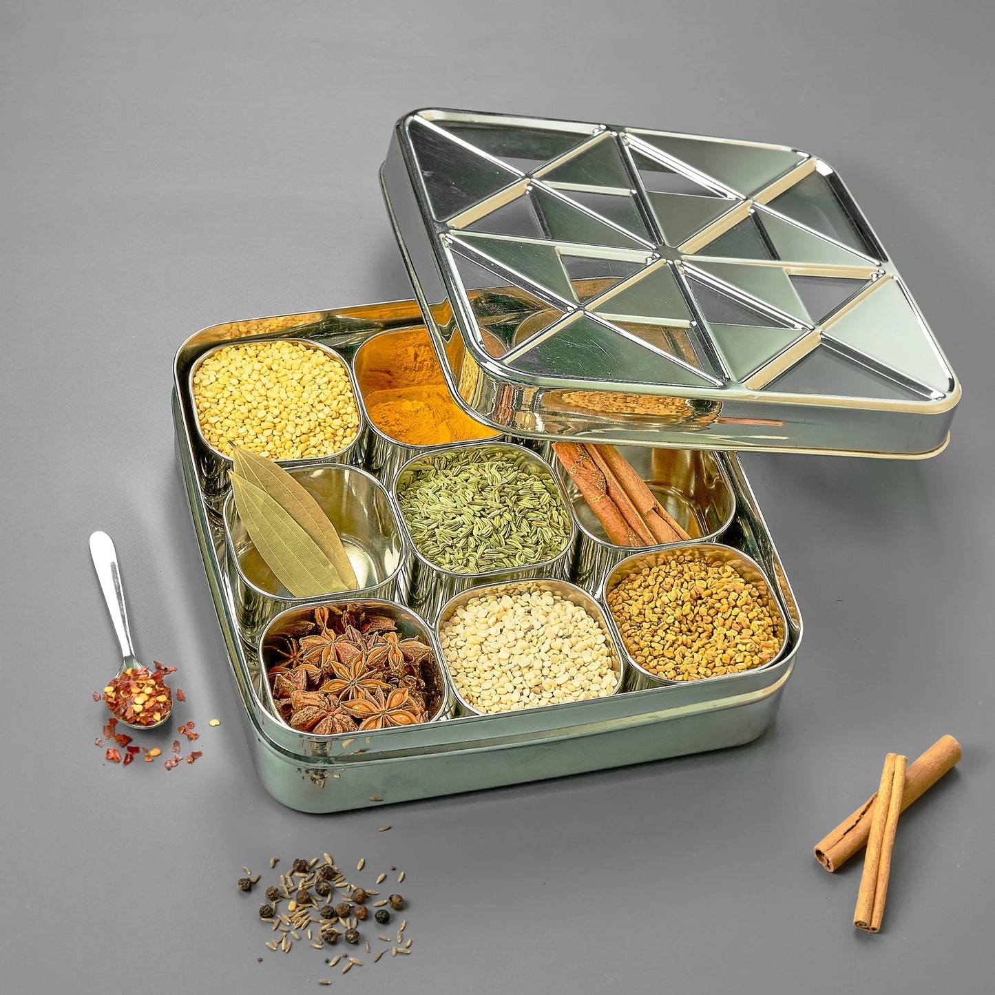 Avias Trios 9-Square Stainless Steel Spice Box | Masala Dabba | See-Through Lid