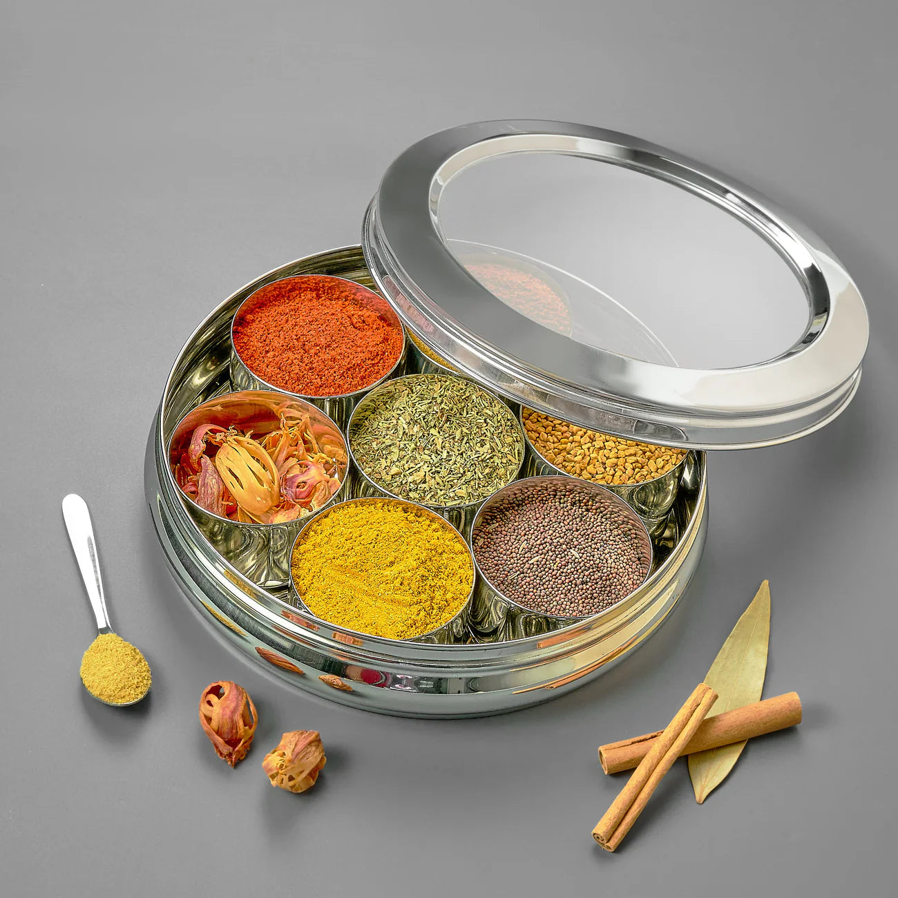 Avias Deluxe Stainless Steel Spice Box | Masala Dabba | 7 Compartments Medium | See-Through Lid