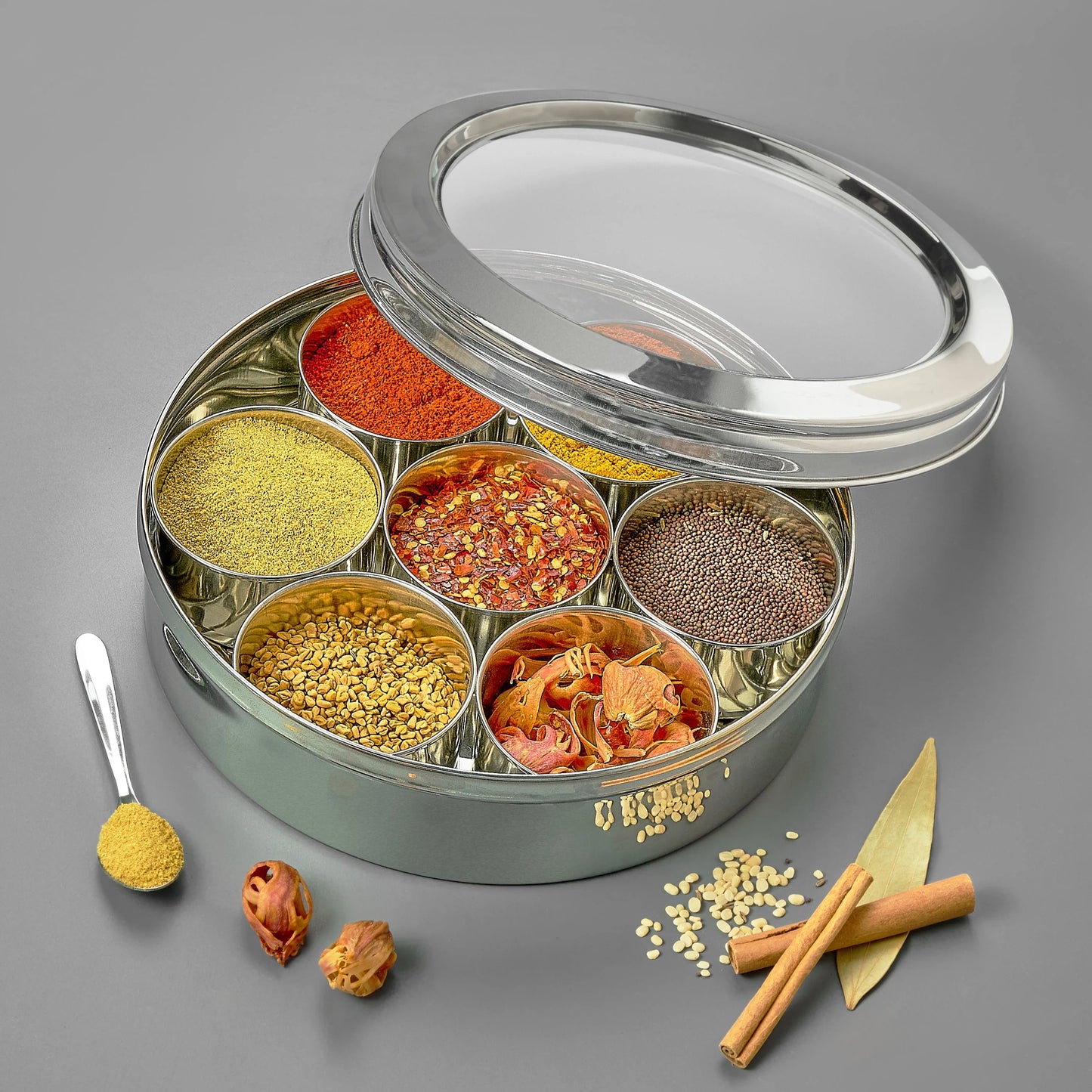 Avias Elegant Stainless Steel Spice Box | Masala Dabba | 7 Compartments | See-Through Lid