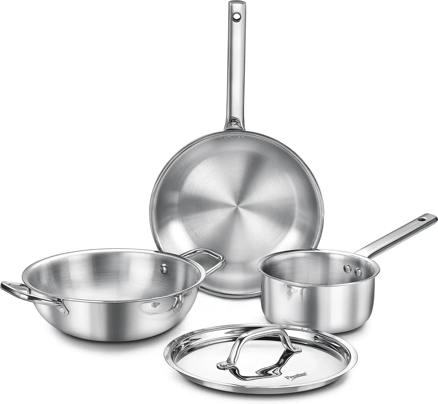 Prestige Triply Splendid BYK 4-Piece Cookware Set | Fry Pan (22cm), Sauce Pan (14cm), Kadai (22cm) & Stainless Steel Lid | Induction & Gas Compatible