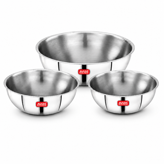 Avias AVI3 Triply Stainless Steel Tasla Set of 3 (20, 22 & 24 cm) — Thick Triply Body, Food-Grade Stainless Steel, Even Heat Distribution | Induction & Gas Compatible | Daily Cooking