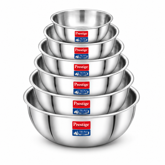 Prestige Tri-Ply Tasla Kadai Set of 6 with FREE Pakkad — 304 Food-Grade Stainless Steel, Even Heat Distribution, Rust-Proof | Gas & Induction Compatible